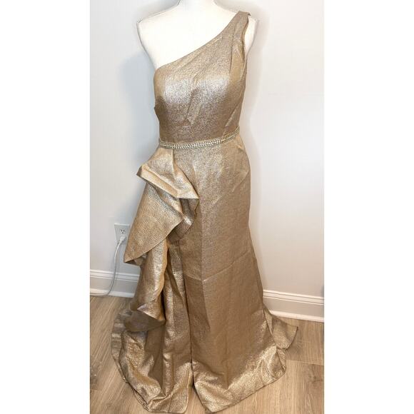 Mac Duggal One Shoulder Metallic Ruffled Evening Gown In Oyster 66975 Size 8 New - Picture 2 of 16